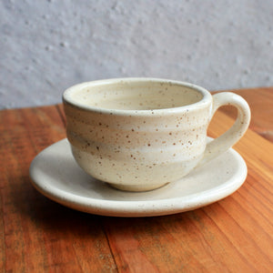 Traditionally hand made on the potters wheel and glazed with our signature Heirloom Apple Orchard Ash Glaze on the inside, this Speckled Clay Espresso Set is the perfect cafe addition to your coffee ritual. Mini affogato anyone? Absolutely.   Holds a generous 4 ounces!
