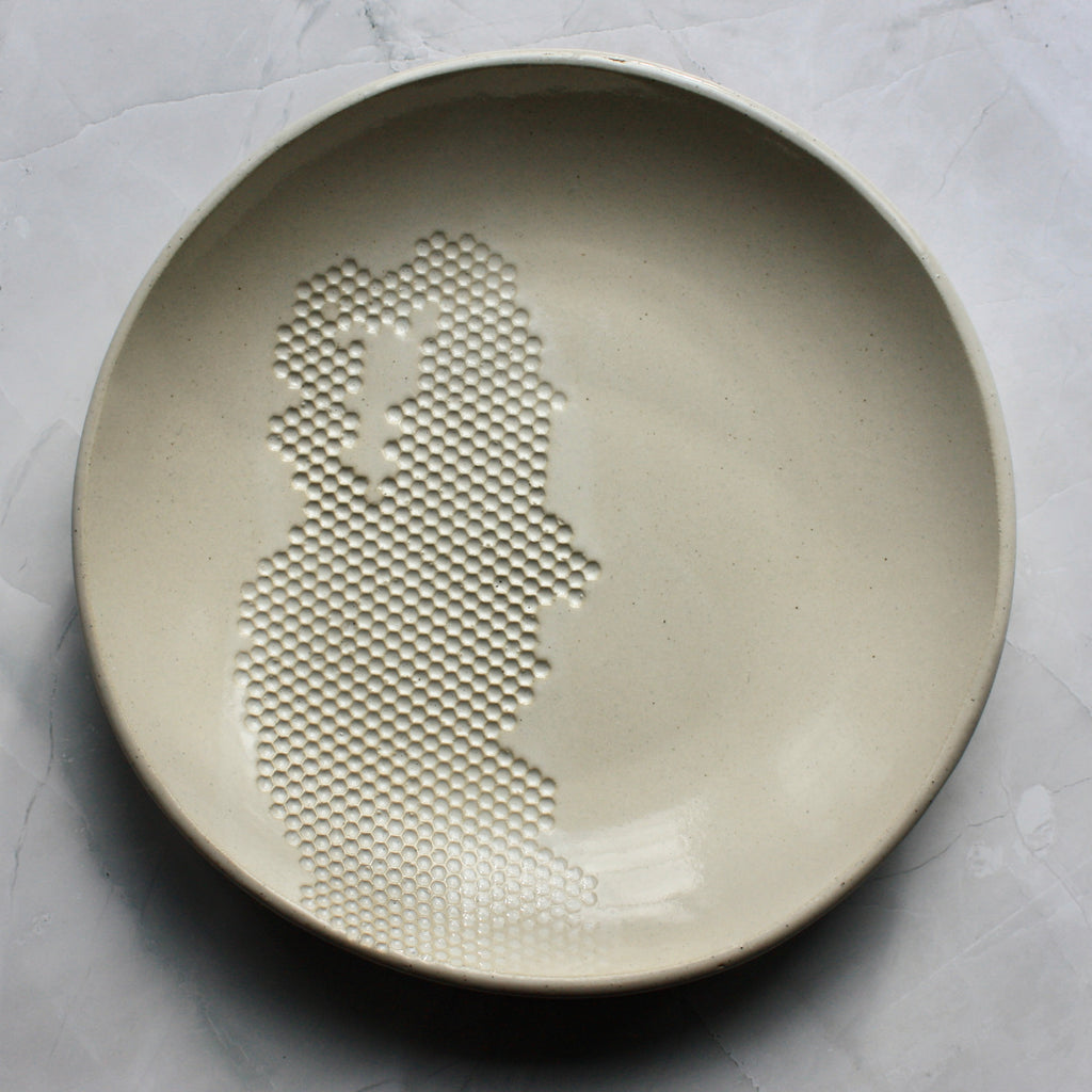 Handmade ceramics deep dish plate made with a honeycomb relief pulled from a real bee hive. Glaze with our signature Heirloom Apple Orchard Ash glaze. 